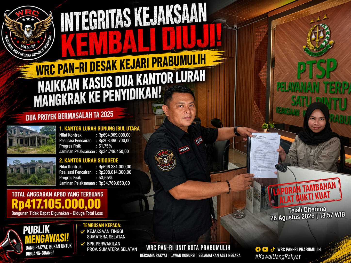 Integritas Kejaksaan Kembali Di uji, WRC PAN-RI Desak Kejati Prabumulih Naikkan Penangan Dua Proyek Kantor Lurah Ke Penyidikan