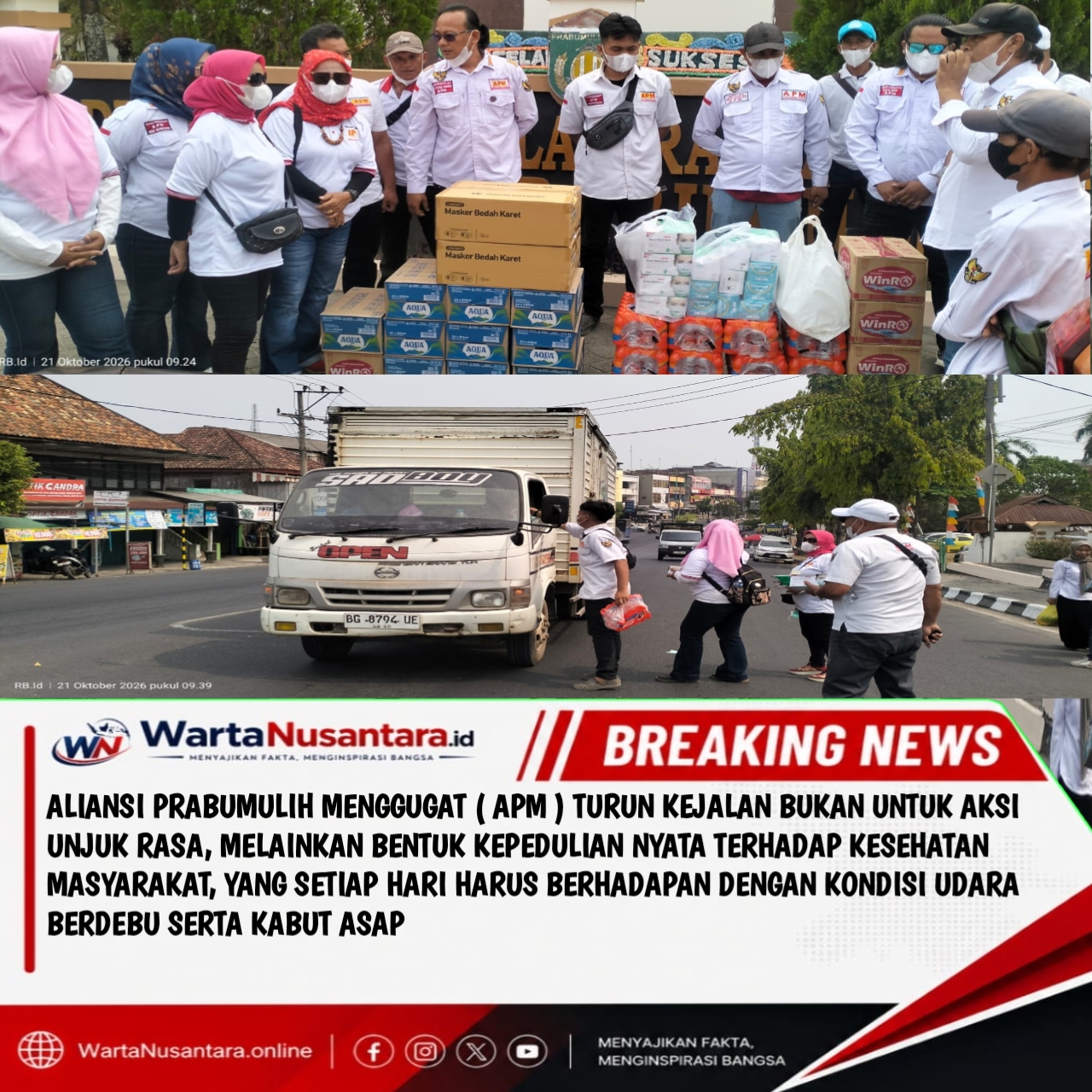Aliansi Prabumulih Menggugat (APM) Membagikan 4.500 Masker Dan Air mineral Secara Gratis Kepada pengguna kendaraan Roda dua di kota Prabumulih