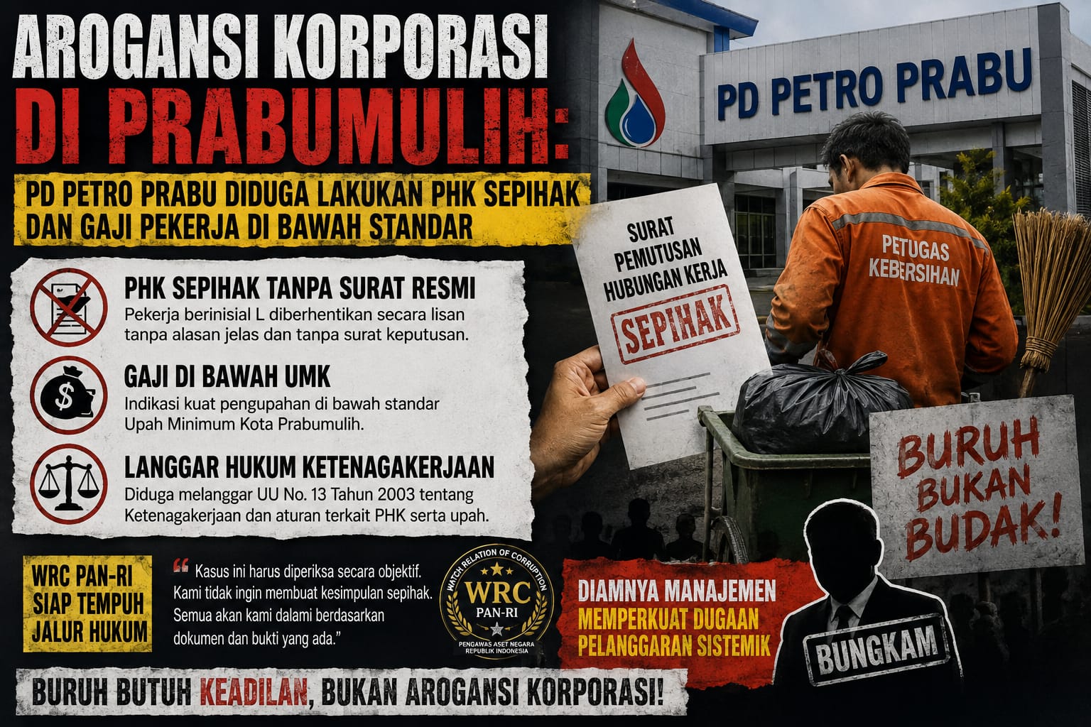 Dipecat Sepihak Tanpa Surat Tanpa Kejelasan! Petugas kebersihan PD PETRO PRABU Meminta Keadilan
