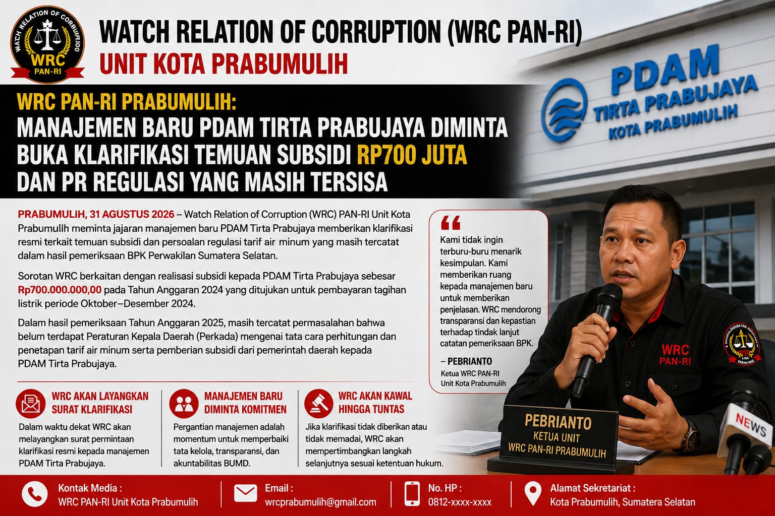 PDAM Tirta Prabujaya Menjadi Sorotan Dan Diminta Buka Klarifikasi Temuan Subsidi Rp700 Juta dan PR Regulasi yang Masih Tersisa.