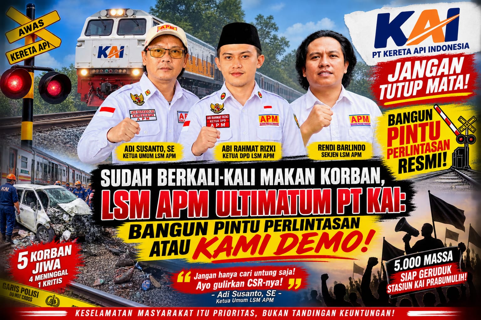 5 Nyawa Jadi korban, LSM APM Murka: PT KAI Jangan Tutup Mata, Bangun Pintu Perlintasan!