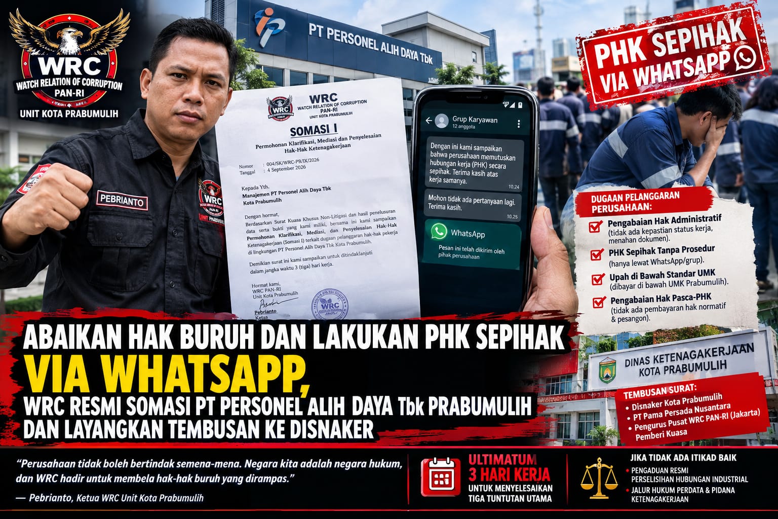 Abaikan Hak Buruh dan lakukan PHK Sepihak via WhatsApp, WRC Resmi Somasi PT Personel Alih Daya Tbk Prabumulih dan Layangkan Tembusan Ke Disnaker