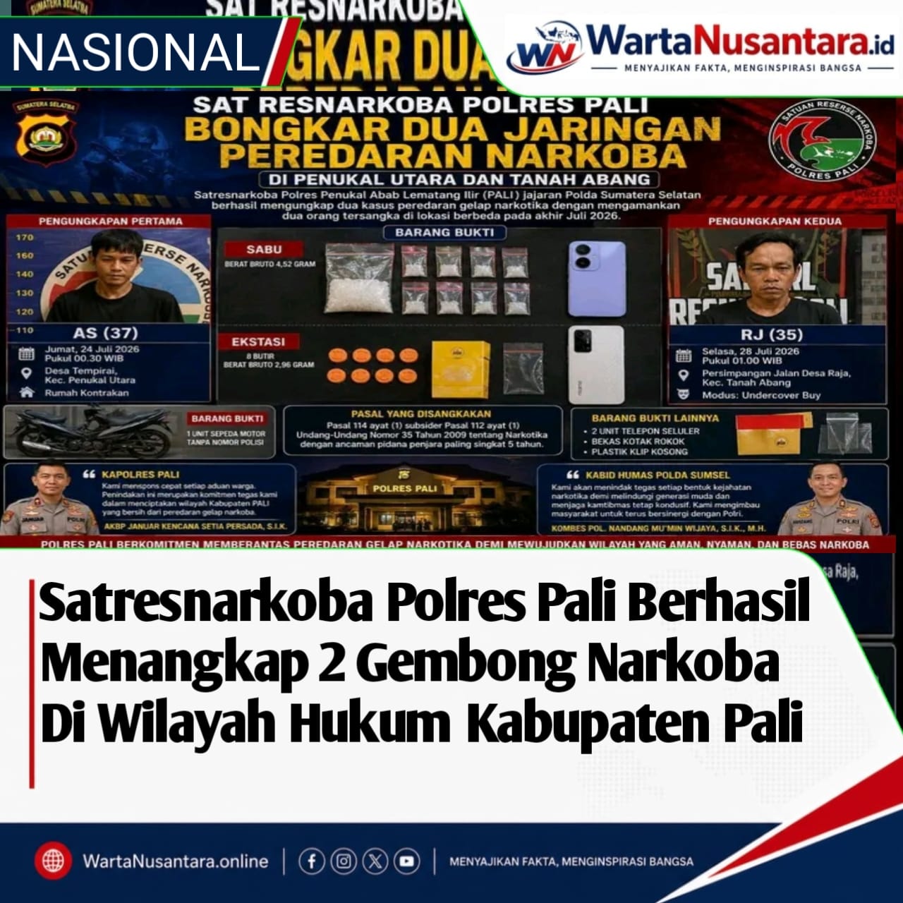 Satresnarkoba Polres Pali Berhasil Menangkap 2 Gembong Narkoba Di Wilayah Hukum Kabupaten Pali