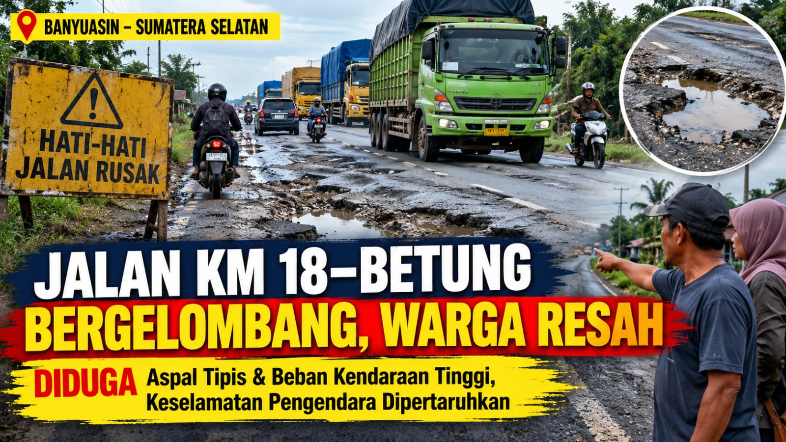 Masyarakat Betung Banyuasin Mengeluhkan Jalan Yang Berlubang dan bergelumbang Di jalan lintas KM 18 - Betung Banyuasin